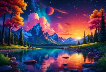 Beautiful and Peaceful Nature Scenery Illustration Landscape Countryside Tranquil Vibrant and Colorful