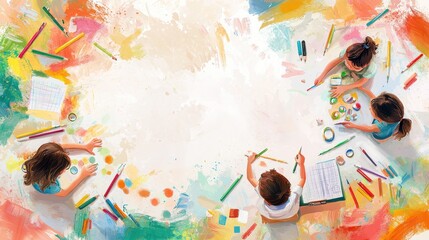 Obraz premium Children engaged in creative crafts, colorful supplies spread on a bright workspace