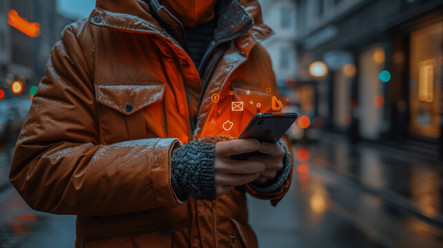 Person Using Smartphone with Digital Icons in Winter City.. - Powered by Adobe