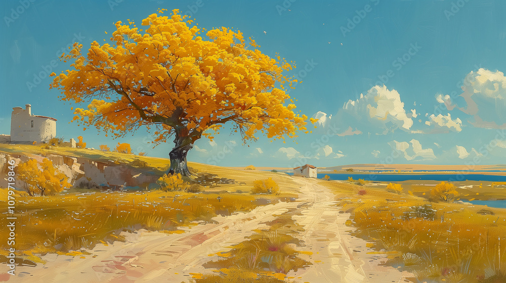 Poster golden tree and country path near a lake..