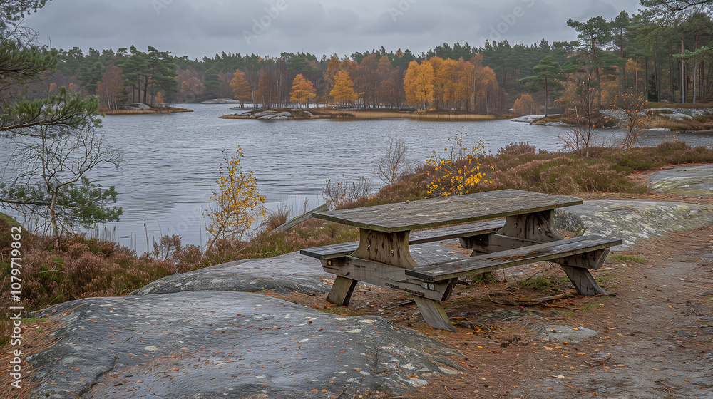 Poster rustic picnic table by a serene autumn lake..