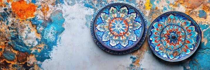 Obraz premium Colorful decorative plates against a textured, vibrant background.