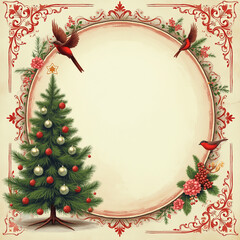 A festive winter border design featuring a decorated Christmas tree, holiday decorations, and a bird, set against a soft background
