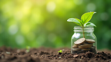 Plant growing in money Coins glass jar on ground, green nature background.