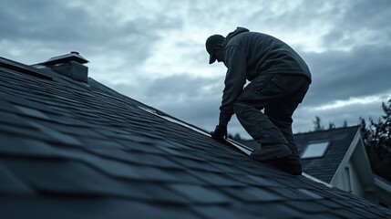Applying roofing felt and underlayment, dark grey covering, windy day,