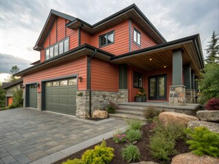 Modern Double Garage Home with Coral Siding and Natural Stone Porch – A Stunning Architectural Design Showcase