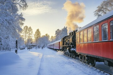 Steam train leaving a snowy station at sunset.