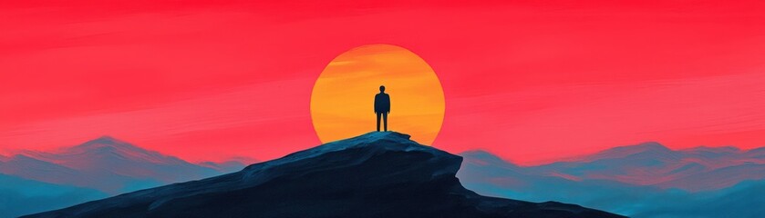 A person standing at the edge of a cliff, looking at a distant sun, symbolizing hope and recovery from depression