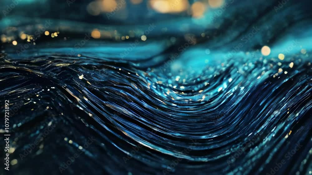 Poster a dark, flowing wave pattern in blue and gold, with sparkling glitter particles, creating a luxuriou