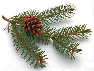 Pine Twig with Cone on Isolated White Background - Natural Elements in Food Photography, Perfect for Seasonal Decor, Culinary Inspiration, and Botanical Illustrations