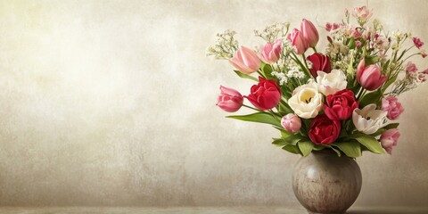 Obraz premium An elegant arrangement of roses, tulips, and lilies in a vintage vase