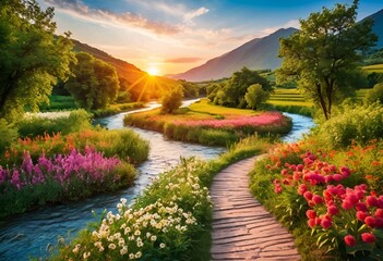 Beautiful and Peaceful Nature Scenery Illustration Landscape Countryside Tranquil Vibrant and Colorful