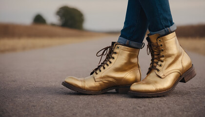 person in gold boots