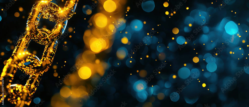 Poster globalization trade war concept. a shimmering golden chain emerges against a vivid blue background w
