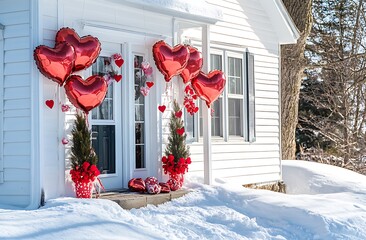 A classic house decorated for Valentine's Day with heart-shaped balloons and red accents, showcasing the front porch with white railings adorned in pink ribbons and bows