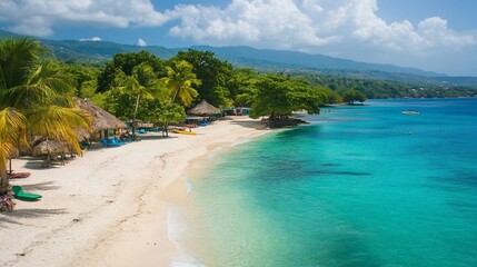 Fototapeta premium Pristine white sand beach with crystal clear blue water and palm trees on a tropical island.