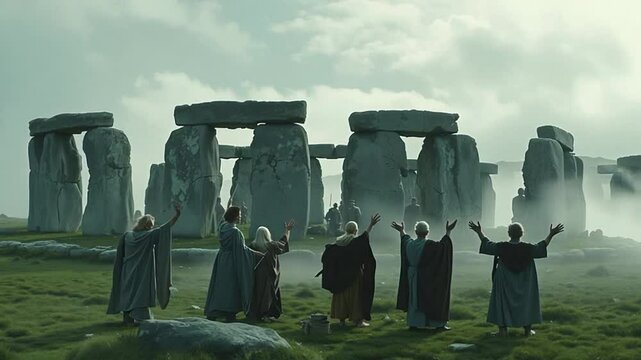 A mysterious scene showing the ancient construction of Stonehenge, 