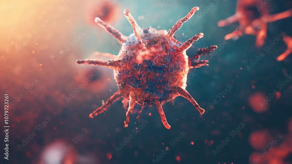 Aufkleber close-up of a virus-like cell with red spikes, floating in a textured environment, illustrating a mi