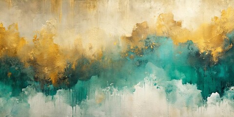 Fototapeta premium Abstract Canvas Painting with Dripping Teal and Gold Hues