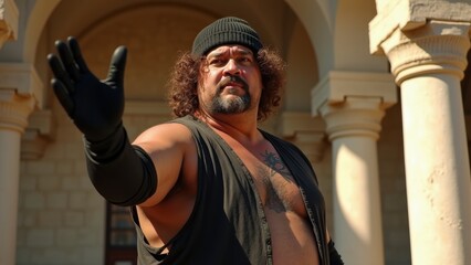 A strong performer stands in an ornate courtyard, confidently gesturing with one hand while showcasing impressive physique and determination in bright sunlight. Tattooed person