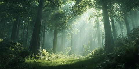 Obraz premium Lush green forest with tall trees and filtered sunlight
