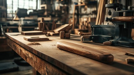 Wooden Workshop Table with Tools and Sawdust