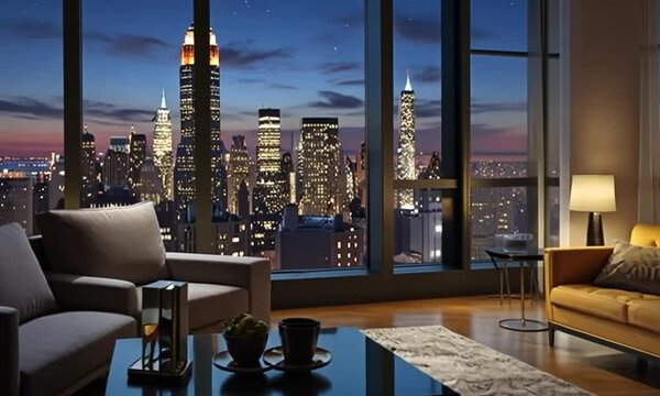 Luxurious lounge in the apartment with large windows and views of the New York skyline at night