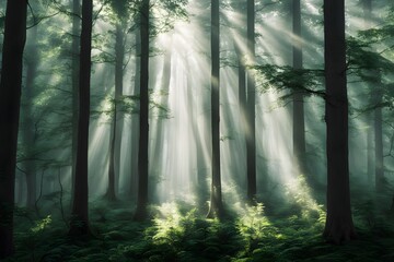 Dense misty forest with tall trees rays of sunlight filtering through leaves, Ai Generated