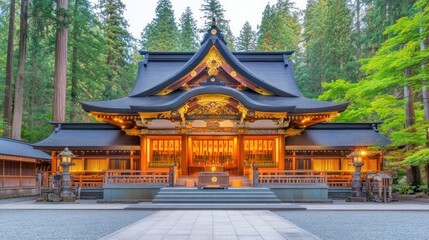 Fototapeta premium A serene traditional Japanese shrine surrounded by lush greenery, illuminated at dusk.
