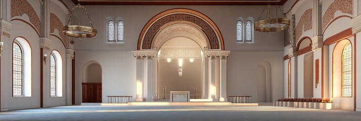 A spacious, elegant interior of a religious building with columns and chandeliers.