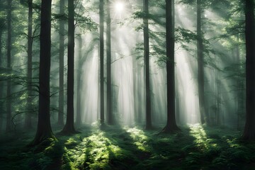 Obraz premium Dense misty forest with tall trees rays of sunlight filtering through leaves, Ai Generated