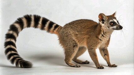 Fototapeta premium Stunning Fashion Photography Featuring Ring-Tailed Vontsira on White Background - Unique Animal Portraits for Fashion and Wildlife Enthusiasts