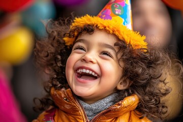 Joyful child wearing a party hat, laughing heartily at a festive celebration. Vibrant colors highlight the happiness in the moment captured.