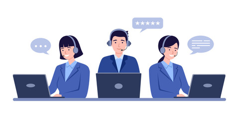 Call center customer service hotline operators flat vector illustration.