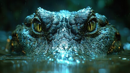 Fototapeta premium Close-up of a crocodiles head in murky water, intense eyes, lifelike texture on its scales, moody lighting 