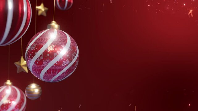 New Year red baubles with deer ornament rotate with falling glitter, Christmas decoration. Realistic 3d render4K balls loopable animation on red background