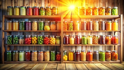 A rustic wooden shelf overflowing with an abundance of glass jars filled with preserved fruits, vegetables, and legumes, illuminated by warm sunlight streaming through a window.