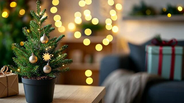 a cute mini Christmas tree pot decorate on table at home with festive lights