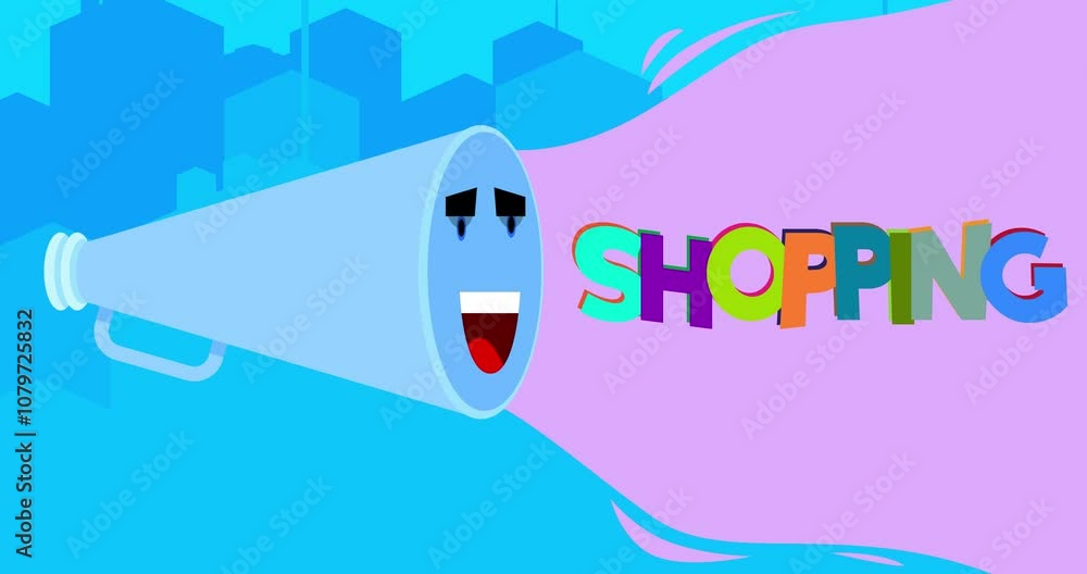 Poster megaphone with shopping text. 4k resolution animation with funny elements.