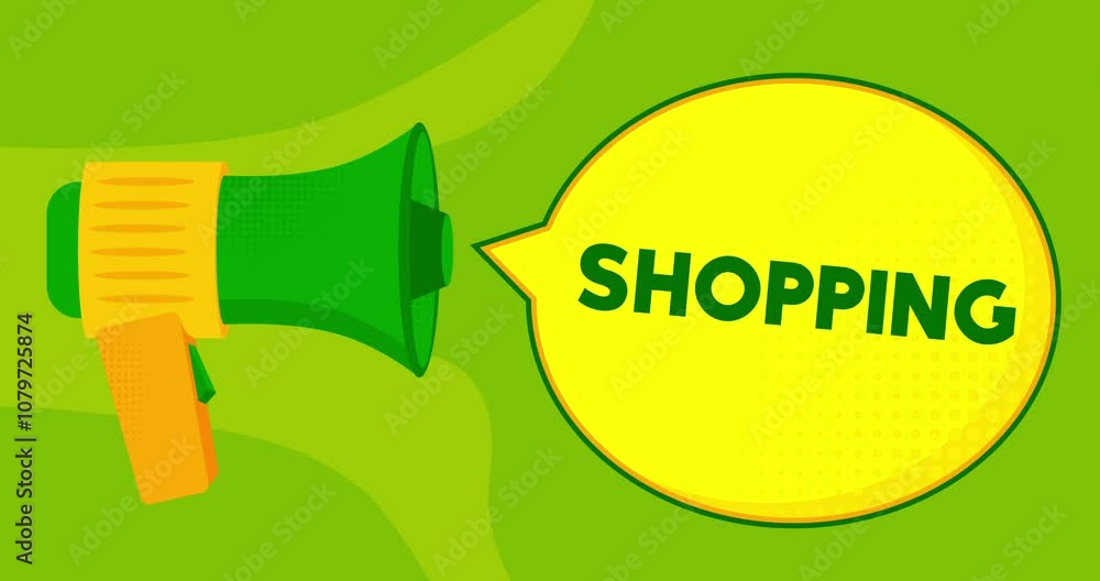 Poster megaphone with shopping text. 4k resolution animation with funny elements.