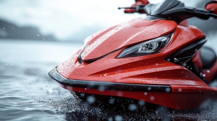 Naklejka premium Close-up of a vibrant red jet ski splashing through water.