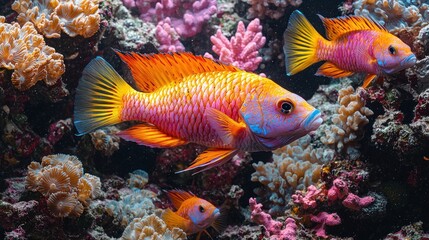 Fototapeta premium Vibrant parrotfish feeding on coral, intricate textures and bright colors, close-up with clear detail and lifelike lighting