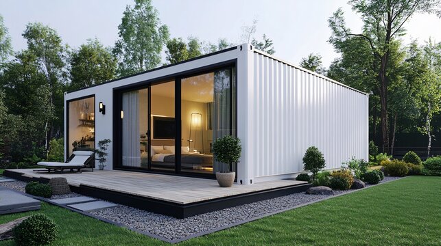 The white container house clean tidy on the green environment
