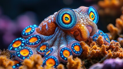 Rare blue-ringed octopus resting on coral, close-up of its glowing rings, fine details, intense realism with macro clarity
