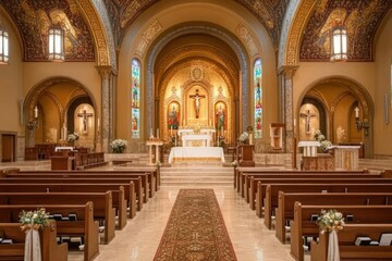 Obraz premium A serene interior of a church featuring an altar, pews, and stained glass windows.