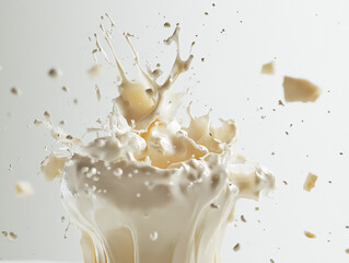 Obraz premium A splash of white liquid with a few pieces of white solid in the air on a white background.