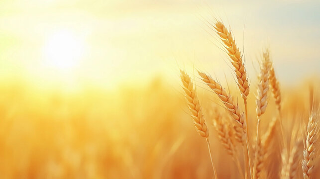 Golden wheat field at sunrise with warm sunlight, symbolizing harvest and abundance.