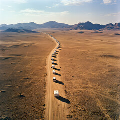 A line of RV's on a desert road 