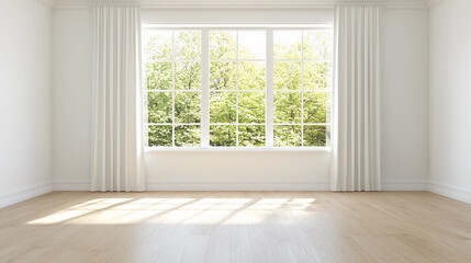 Fototapeta premium Bright empty room with large window and white curtains overlooking green trees, perfect for interior design concepts.