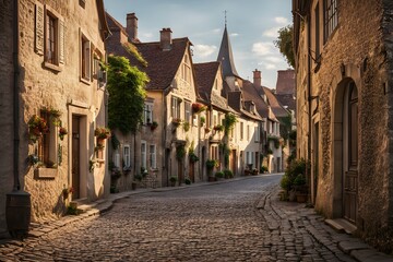 Fototapeta premium Empty cobblestone street in a quaint european village soft afternoon light, Ai Generated